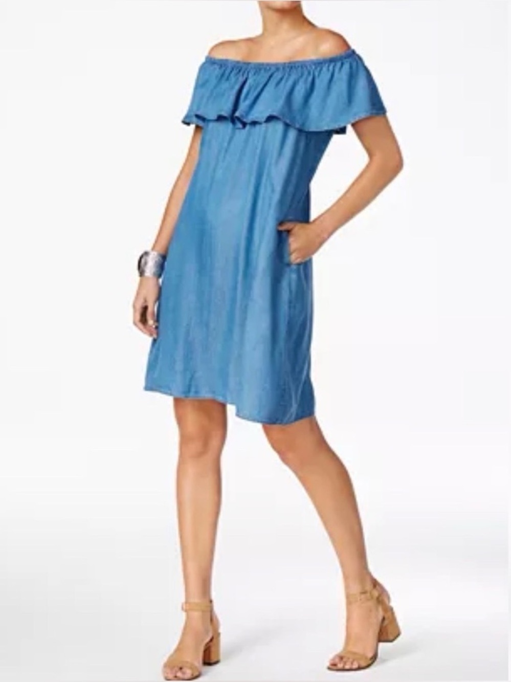 Ci Sono Blue Off-Shoulder Ruffle Chambray Style Casual Dress